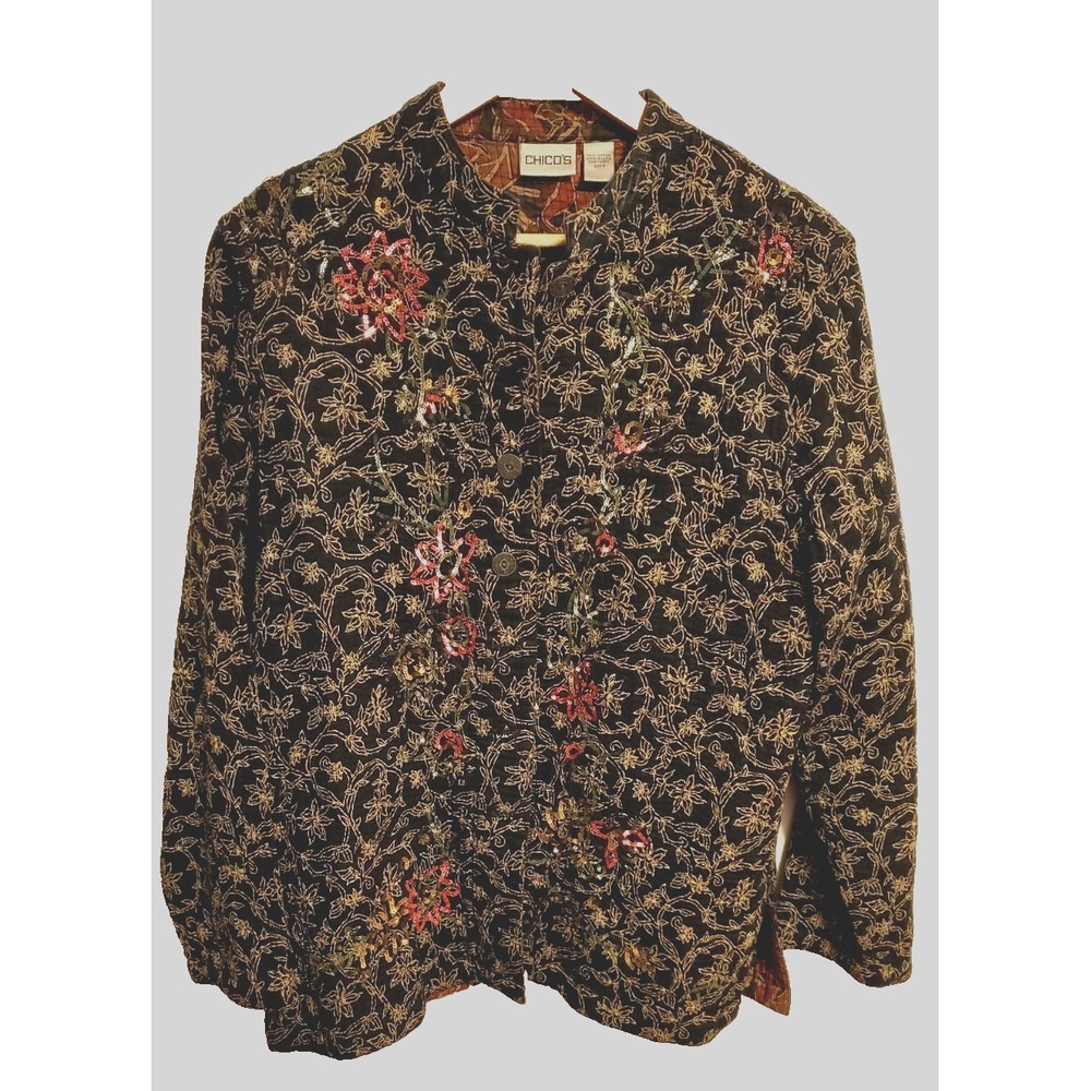 Chico's Embellished Quilted Jacket Women's Size 2 (L) Sequin Embroidered Reverse